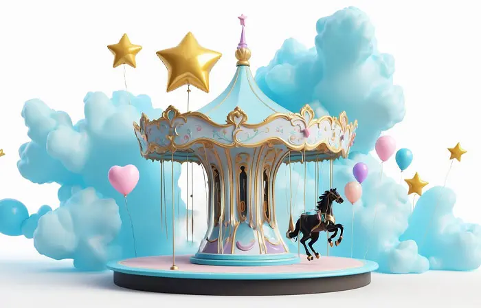 Horse Merry Go Round 3D Cartoon Illustration image